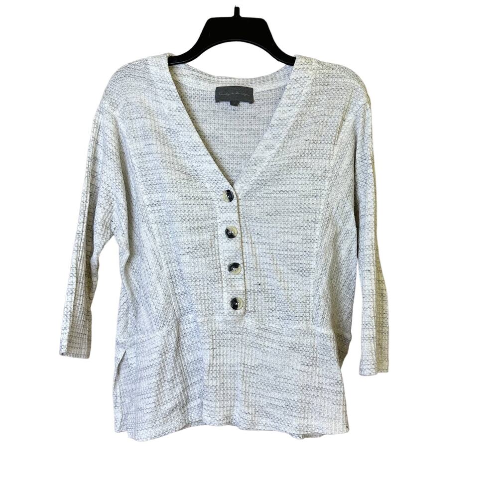 Anthropologie Sunday in Brooklyn Waffle knit 3/4 Sleeve Heathered Grey Top Small